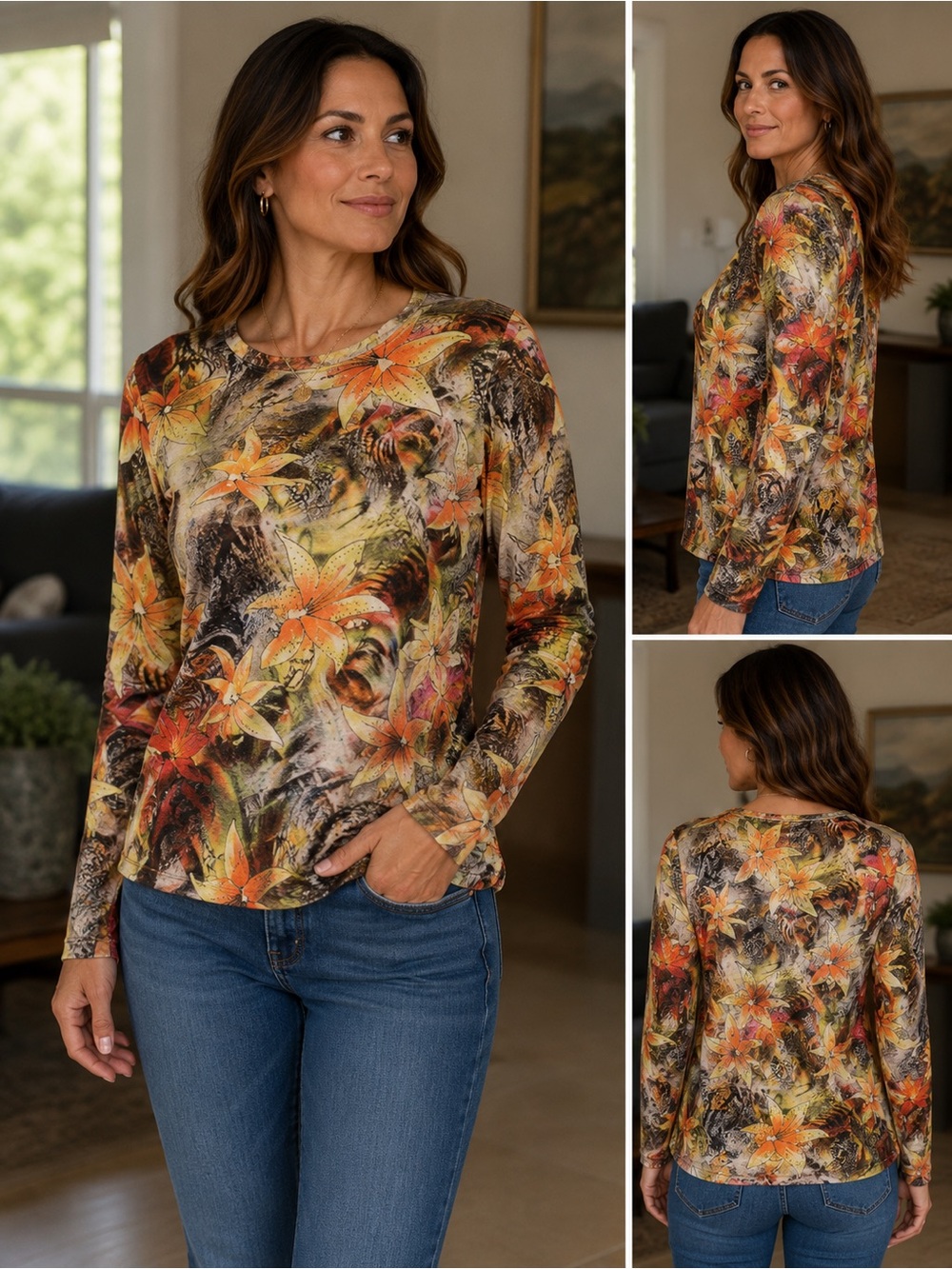 Floral Print Long-Sleeve Shirt - Orange Multi